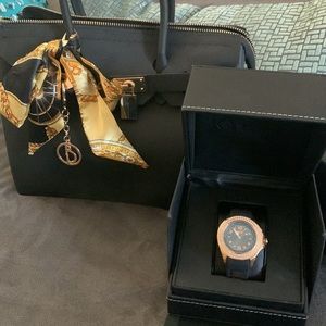 Neoprene black purse NWOT with Kyboe rose gold and black watch to match $75 each